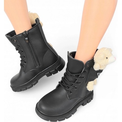 Zateplené dívčí kozačky kotníkové boty sněhule se šněrováním na zip + medvídek