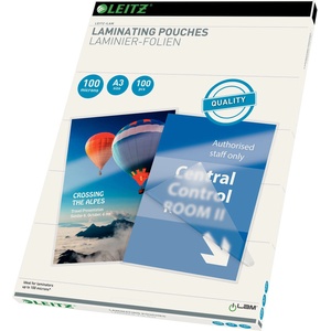 Leitz hot laminating foils A3 100 mic, high-quality laminating foils in a pack of 100, with rounded corners, transparent, glossy, ideal for posters and drawings, 16919 - 16932 (16932)