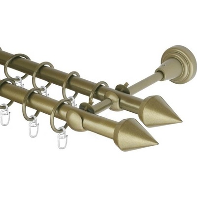 OK-GarnýžeCZ Garnýž kovová dvouřadá 16mm Hrot double zlatá antik 260 cm do stěny / kroužky s háčkem