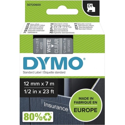 DYMO páska D1 12mm x 7m, bílá na průhledné, 45020, S0720600
