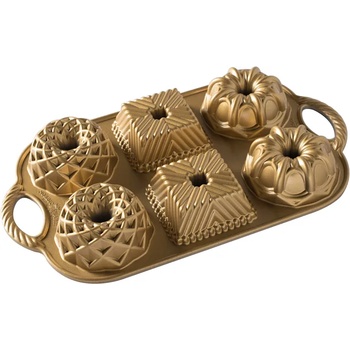 Nordic Ware Форма за кекс GEO BUNDLETTE BUNDT, за 6 мини кекса, с различни форми, златиста, Nordic Ware (NW91277)
