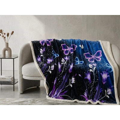 Textilomanie Mikroplyšová beránková deka VIOLET BUTTERFLY tmavě modrá 200x220