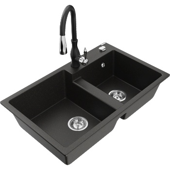 Mexen Tomas мивка от гранит с 2 камери с кухненски смесител Savita, черно/златист металик - 6516-75-672601-70 (6516-75-672601-70)