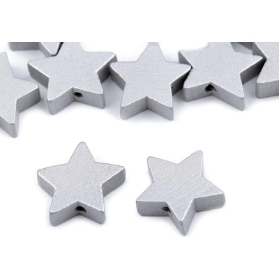 Dřevěný metalický korálek hvězda 19mm - stříbrný