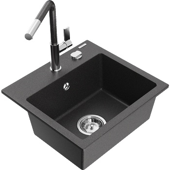Mexen Milo еднокоморна гранитна мивка с кухненски смесител Flora, черен/златен металик - 6505-76-670401-08 (6505-76-670401-08)