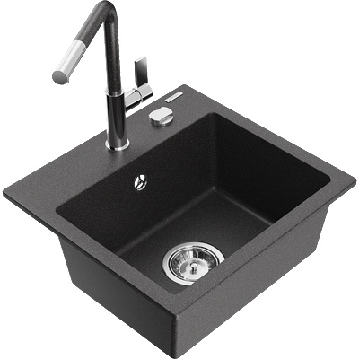 Mexen Milo еднокоморна гранитна мивка с кухненски смесител Flora, черен/златен металик - 6505-76-670401-08 (6505-76-670401-08)