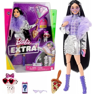 Barbie Extra Strieborné Šaty s fialovým boa