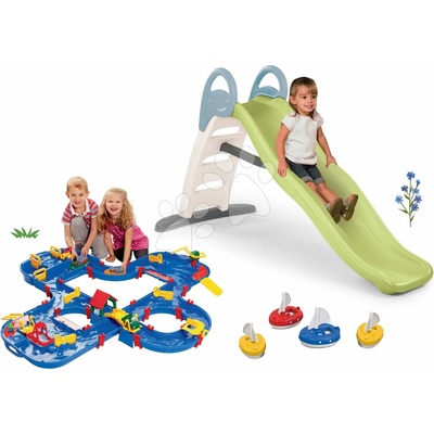 Smoby Set šmykľavka s dvojitou vlnou a vodná dráha v kufríku Funny Toboggan Life dĺžka šmyku 200 cm s vodotryskom a 4 plachetnice