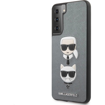 KARL LAGERFELD Saffiano Karl & Choupette Heads Case - дизайнерски кожен кейс за Samsung Galaxy S21 (сребрист)