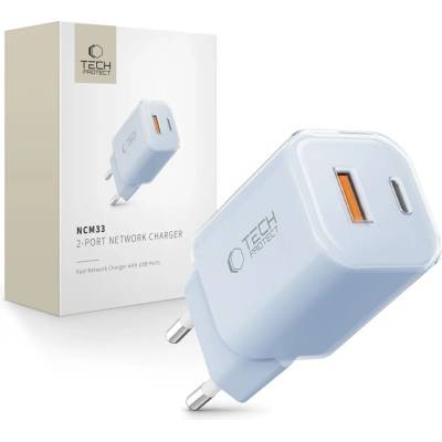 Tech-Protect ncm33w мрежово зарядно устройство с 2 порта pd33w/qc3.0 светлосин (5906302375769)