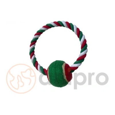 Anipro Play - Въжена играчка за кучета във форма на кръг с топка, бяло/зелено/червено 18 см, 125-135 гр