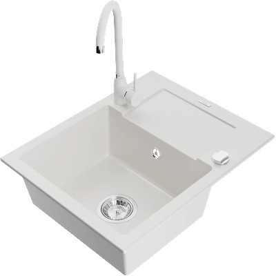 Mexen Enzo гранитна мивка с 1 отделение с дренаж и кухненски смесител Telma, бяла - 6506-20-670200-20 (6506-20-670200-20)