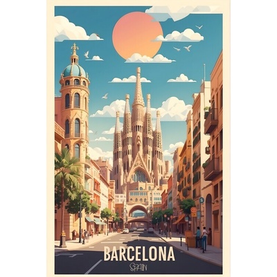 Plagát, Obraz - Vintage Barcelona Travel Poster: Explore Spanish Beauty Post, 26.7 × 40 cm