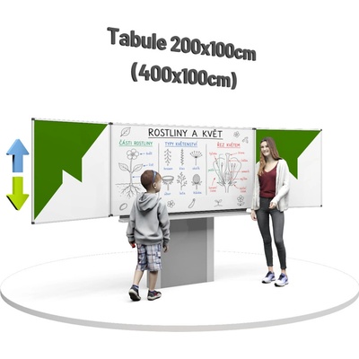 Consulta Třídílná keramická magnetická tabule Triptych 400/200x100 cm na zvedacím stojanu zeleno/bílá křídla PRO-T10ZSZBBBZ