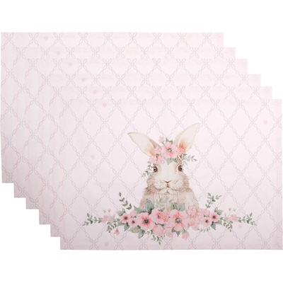Clayre & Eef 6ks růžové bavlněné prostírání s králíčkem Floral Easter Bunny 48x33 cm