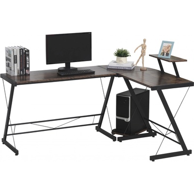 HOMCOM počítačový stůl, rohový stůl, psací stůl, kancelářský stůl, dřevotříska+kov, vintage hnědočerná, 155 x 115 x 91,5 cm
