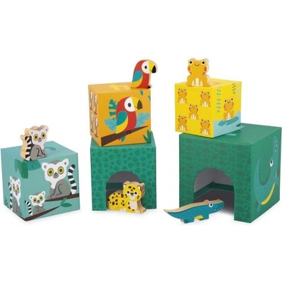 Janod Tropik Сгъваема пирамида от картон с дървени животни