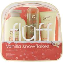 Fluff Vanilla Snowflakes Vanilla Snowflakes telová hmla 80 ml + Vanilla Snowflakes hydratačné telové mlieko s trblietkami 200 ml + Vanilla Snowflakes krém na ruky 50 ml + kozmetická taška