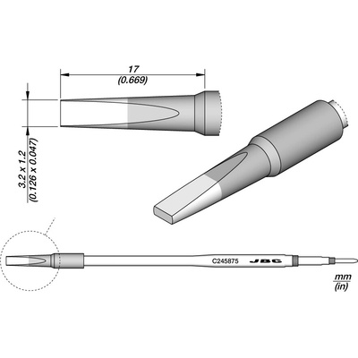 JBC C245875 – pájecí hrot ve tvaru dláta 3,2 × 1,2 mm L