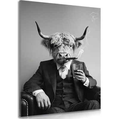 Obraz kráva v obleku s doutníkem a whisky - 100x150
