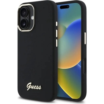 GUESS Силиконов калъф Guess с метално лого и рамка за iPhone 16 - черен