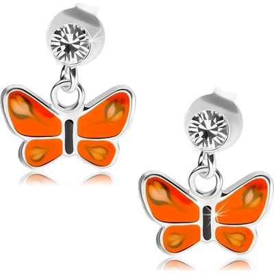 Šperky eshop puzetové náušnice stříbro čirý krystal motýl s oranžovými křídly PC14.18