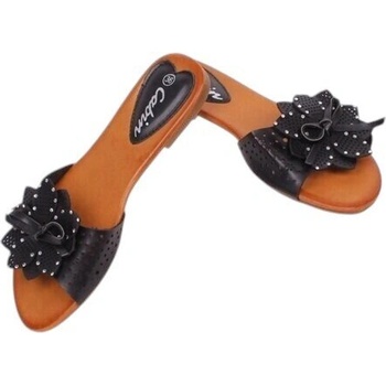 Дамски чехли с камъчета и цвете в черно