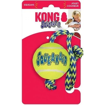 KONG air squeaker tennis ball with rope medium - играчка за куче от гума, тенис топка, с въже и пищялка - САЩ - ast21e