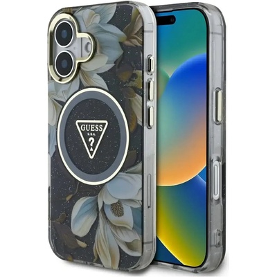 GUESS Glitter Flowers Triangle Buttons MagSafe калъф за iPhone 16 черен (3666339430818)