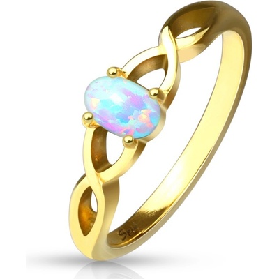 Šperky eshop ocelový prsten zlaté syntetický opál s duhovými odlesky propletená ramena F16.18