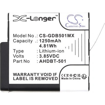 Cameron Sino Батерия за камера GOPRO Hero 5; Hero 6; Hero 7; Hero 8 AHDBT-501 3, 85V 1250mAh LIIon Cameron Sino (CS-GDB501MX)