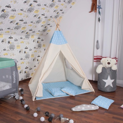 SPRINGOS Teepee stan pre deti Svetlo modrý s hviezdami