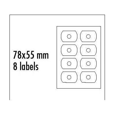 Logo etikety na CD 78mm x 55mm, A4, matné, biele, 8 etikiet, CD-R card, 140g/m2, balené po 25 ks, pre atramentové a laserové tlači