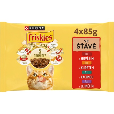 Friskies s kuřetem hovězím jehněčím kachnou ve šťávě 4 x 85 g