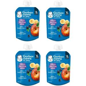 Nestle Плодово пюре Nestle Gerber - Пауч с ябълка, боровинка и банан, 6 м+, 4 х 80 g (4x 12513277) - baby