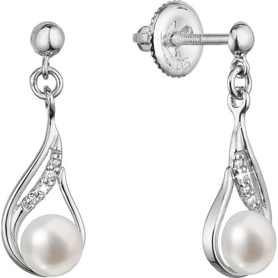 Pavona zlaté 14 karátové náušnice slza visací bílé zlato s říční perlou a brilianty 81PB00047