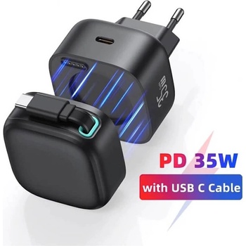 USAMS Захранване за ел. мрежа с USB-C порт и вграден USB-C кабел - Usams GaN Wall Charger With Magnetic Retractable USB-C Cable 35W (черен) (US-CC202)