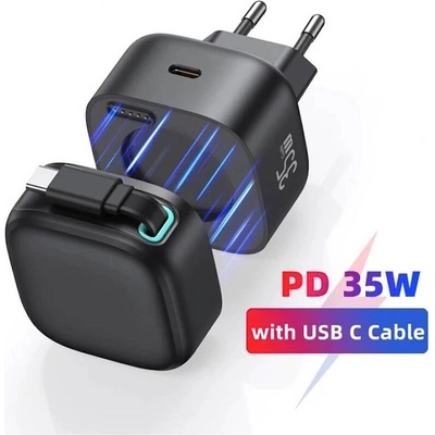 USAMS Захранване за ел. мрежа с USB-C порт и вграден USB-C кабел - Usams GaN Wall Charger With Magnetic Retractable USB-C Cable 35W (черен) (US-CC202)