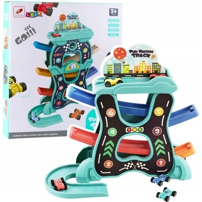 LEAN Toys Autodráha závodní auto zjezdovka pro autíčka 3 úrovně 7 autíček samolepky