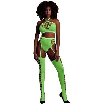 Ouch! Glow in the Dark Two Piece with Grecian Halter Neck Crop Top and Garter Belt Neon Green XL-4XL