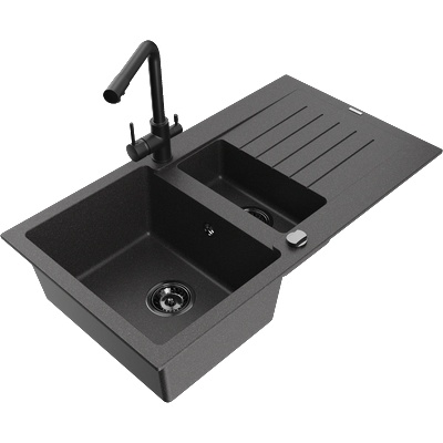 Mexen Matias гранитна мивка с 1, 5 камери с отцедник и кухненски смесител Duero, черен на точки - 6502-76-671600-70-B (6502-76-671600-70-B)