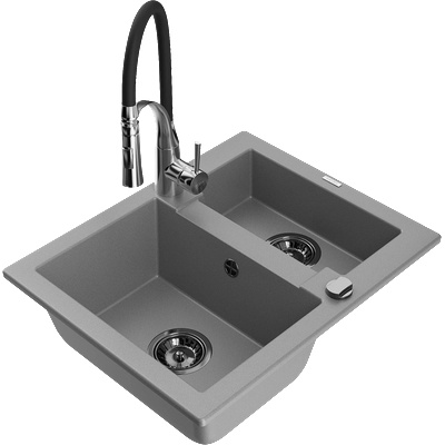Mexen Carlos гранитна мивка с 1, 5 камери с кухненски смесител Aster, сив - 6518-71-73450-07-B (6518-71-73450-07-B)