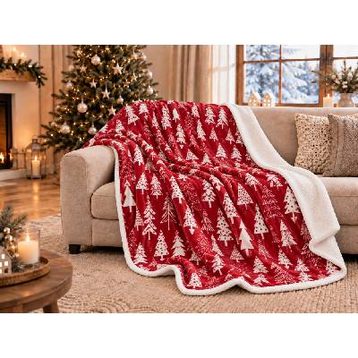 Textilomanie Vianočná mikroplyšová baránková deka CHRISTMAS TREES červená 200x220