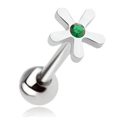 Šperky eshop ocelový piercing do jazyka květ se zeleným zirkonem SP02.06