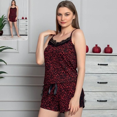 Дамска пижама с леопардов десен в черно и червено