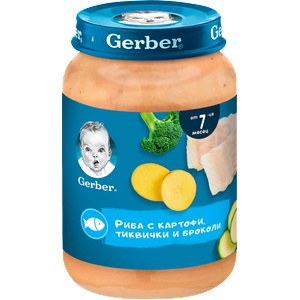 Gerber Риба с картофи, тиквички и броколи, 7+м, 190 g (2960625)