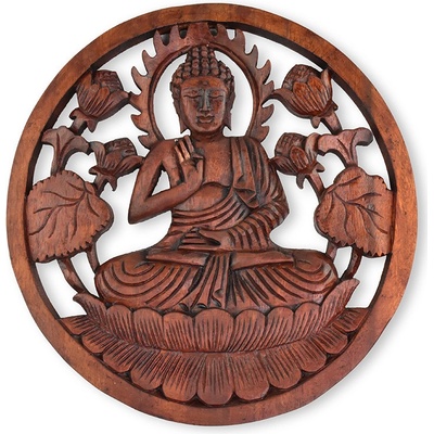 Závěsná dřevěná dekorace Buddha tmavá - Vitarka Mudra - 30 cm