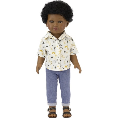 Vestida de Azul Realistická snědý chlapeček Karim v bílé košili s potiskem Karim černé kudrnaté vlasy afro 45 cm