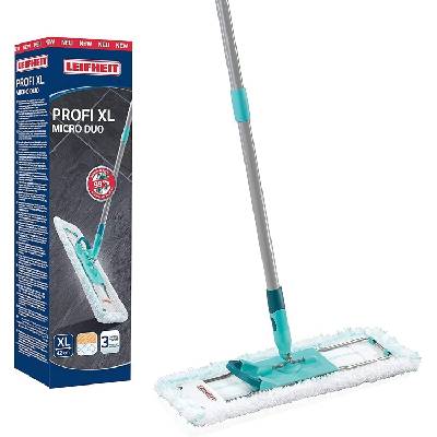 Leifheit back-friendly floor mop Profi XL Micro Duo, steel handle 146cm, mop with foot click, microfiber cover for tiles and laminate, 360 degree swivel joint, click system - 55019