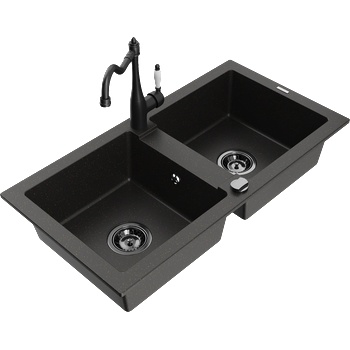 Mexen Mario кухненска гранитна мивка 2-коморна с кухненски смесител Carla, черен/златен металик - 6504-75-670700-70-B (6504-75-670700-70-B)